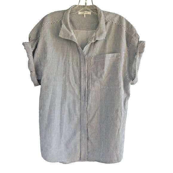 FRAME Women's Striped Button Up Rolled Sleeve Top- Short Sleeve-Medium - Picture 1 of 5